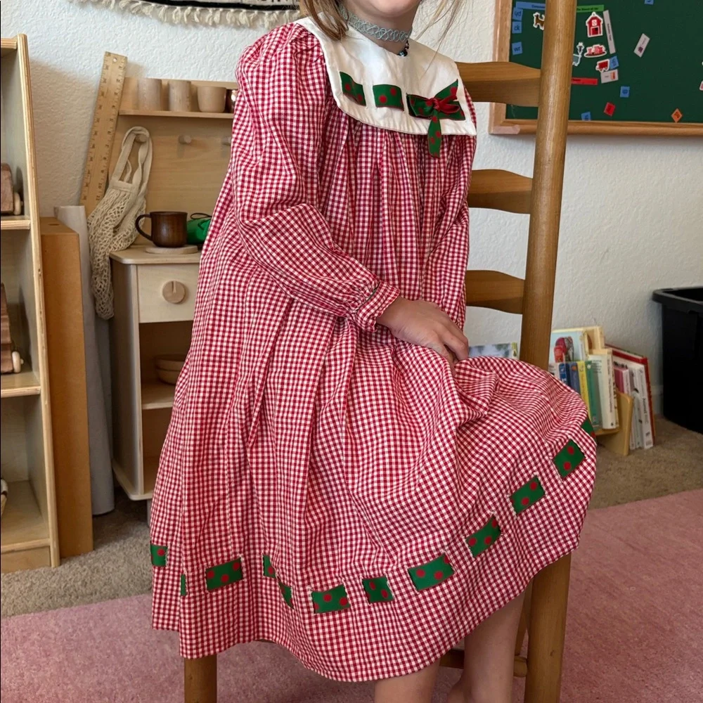 Vintage Christmas Peaches n Cream Red Gingham Polka Dot Ribbon Prairie Dress